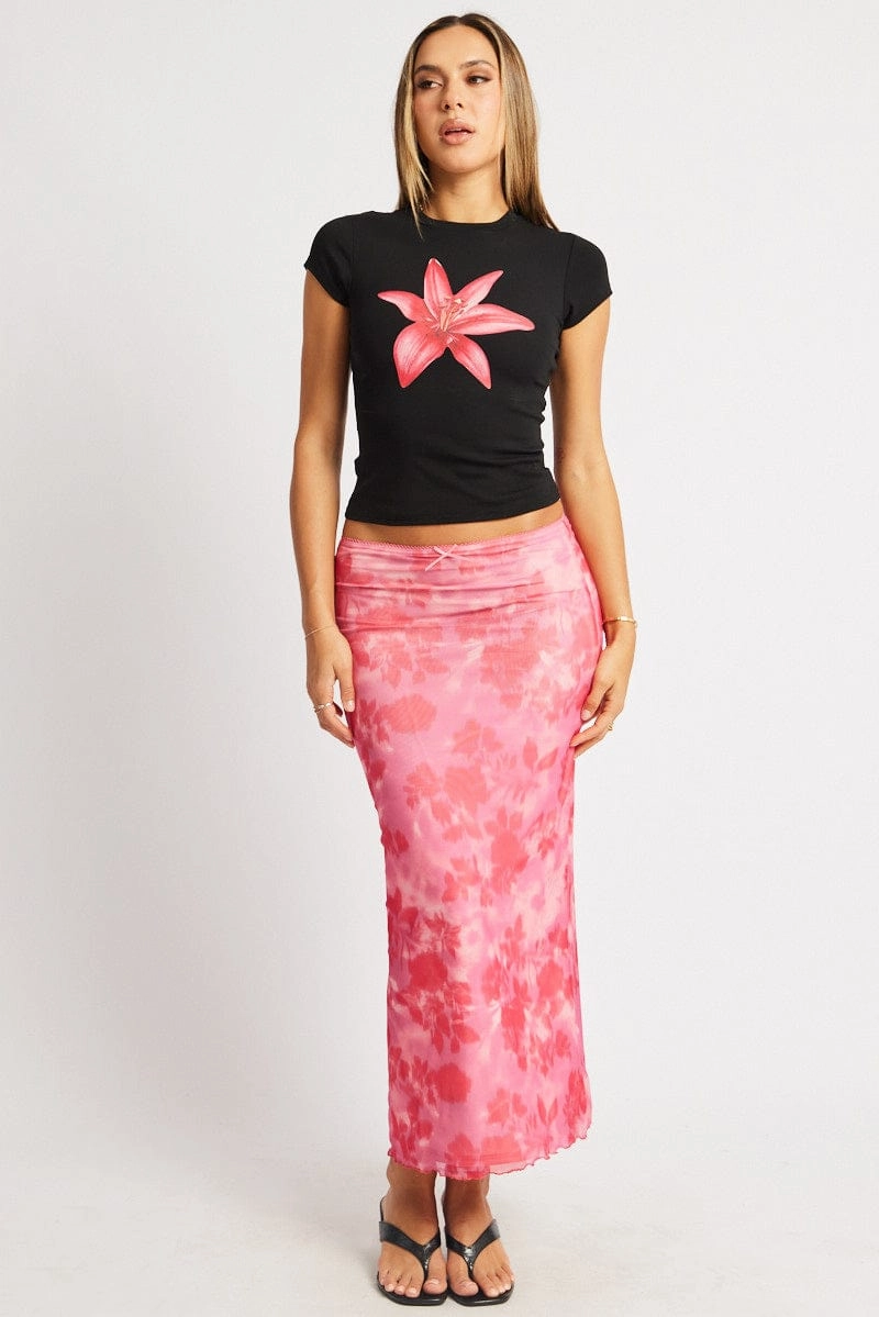 Pink Floral Mesh Skirt Elasticated Picot Trim Midaxi