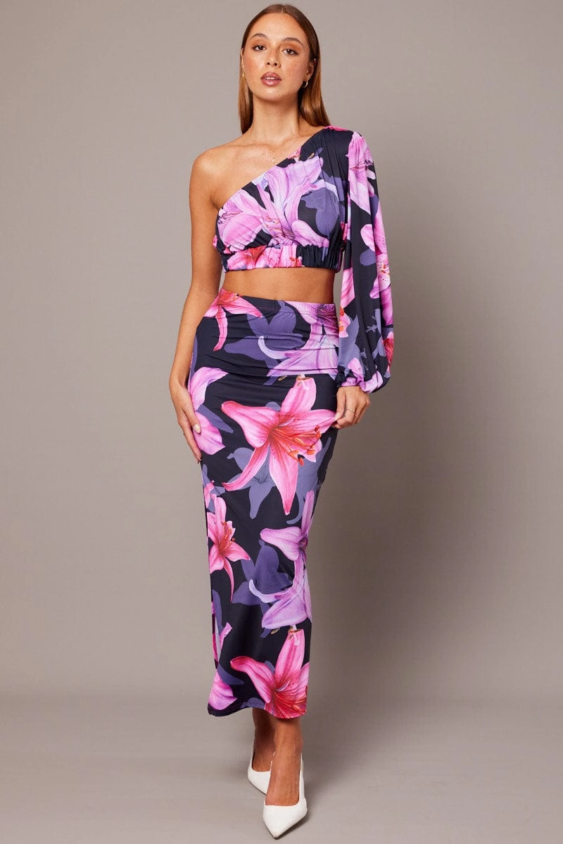 Pink Floral One Shoulder Top Balloon Sleeve Crop Top