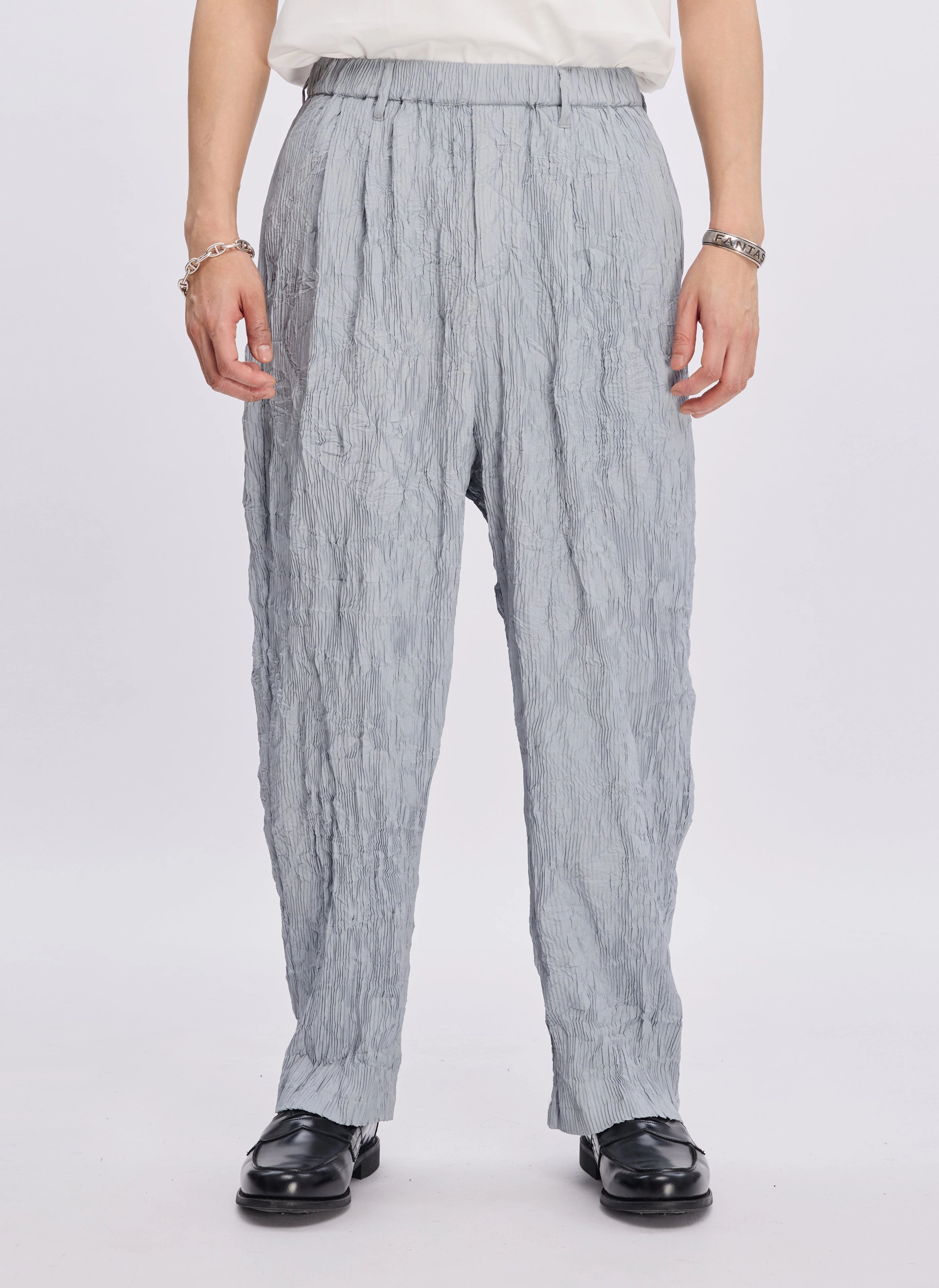 Polyester Distort Pleated Wide Tapered Pants (P-12)
