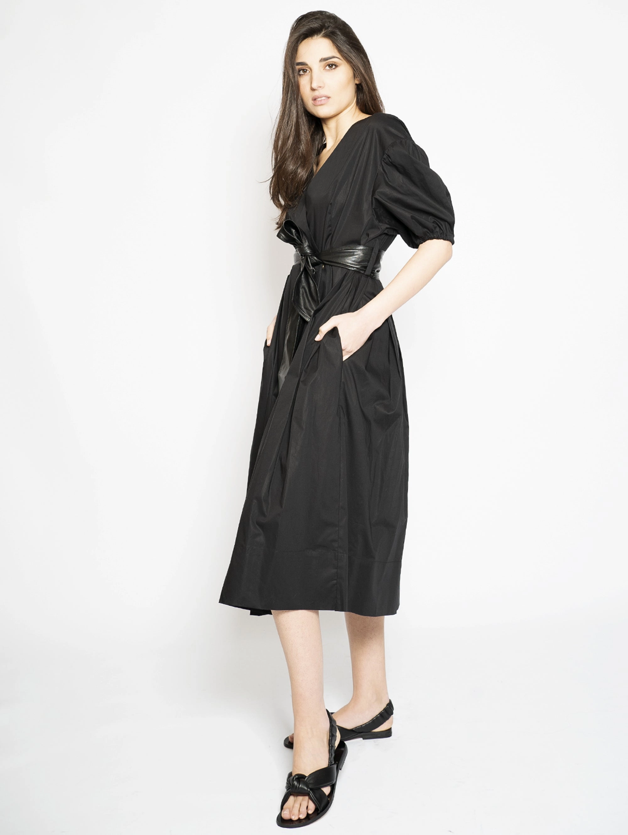 Poplin Dress with Black Belt