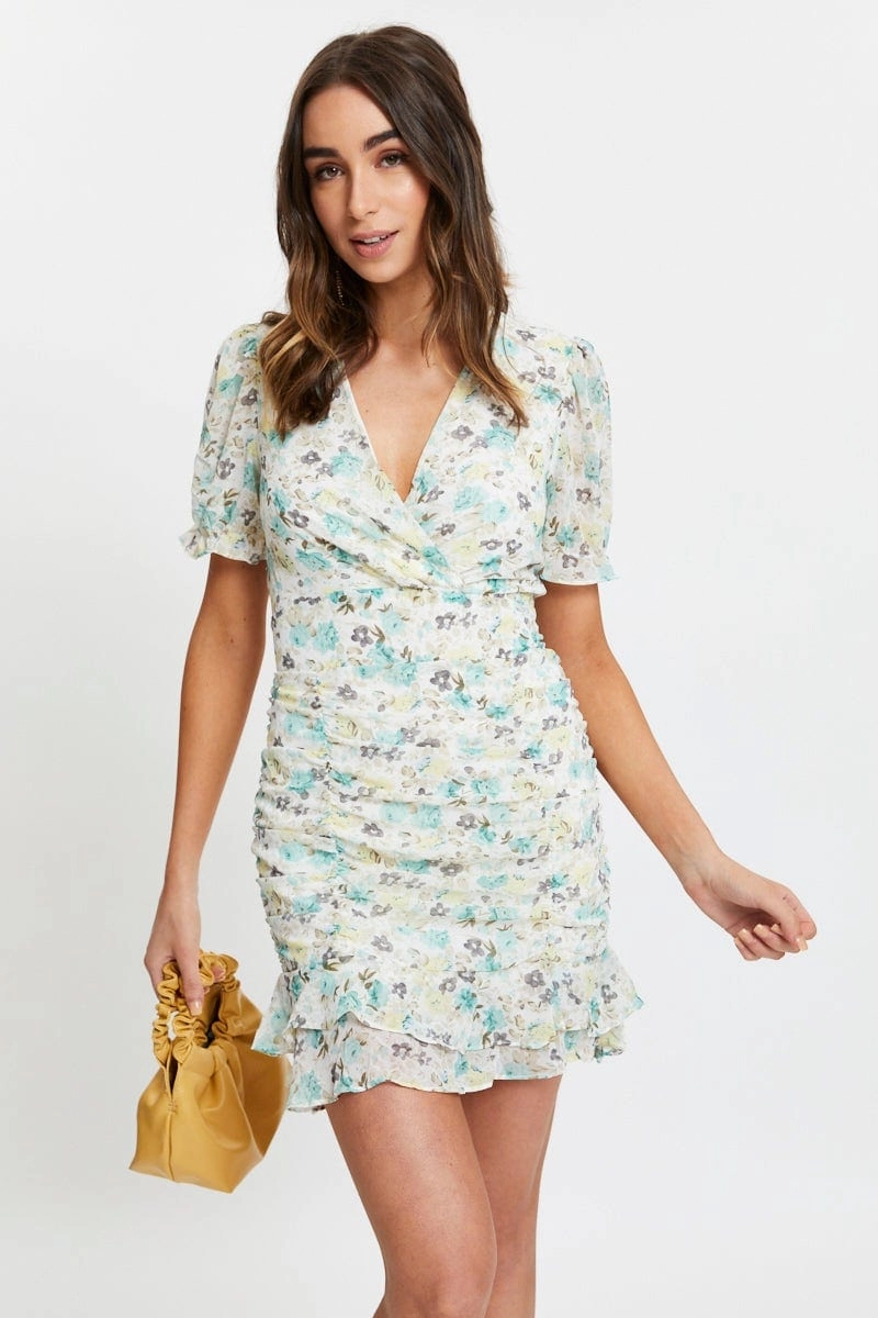 Print Puff Sleeve Ruched Dress