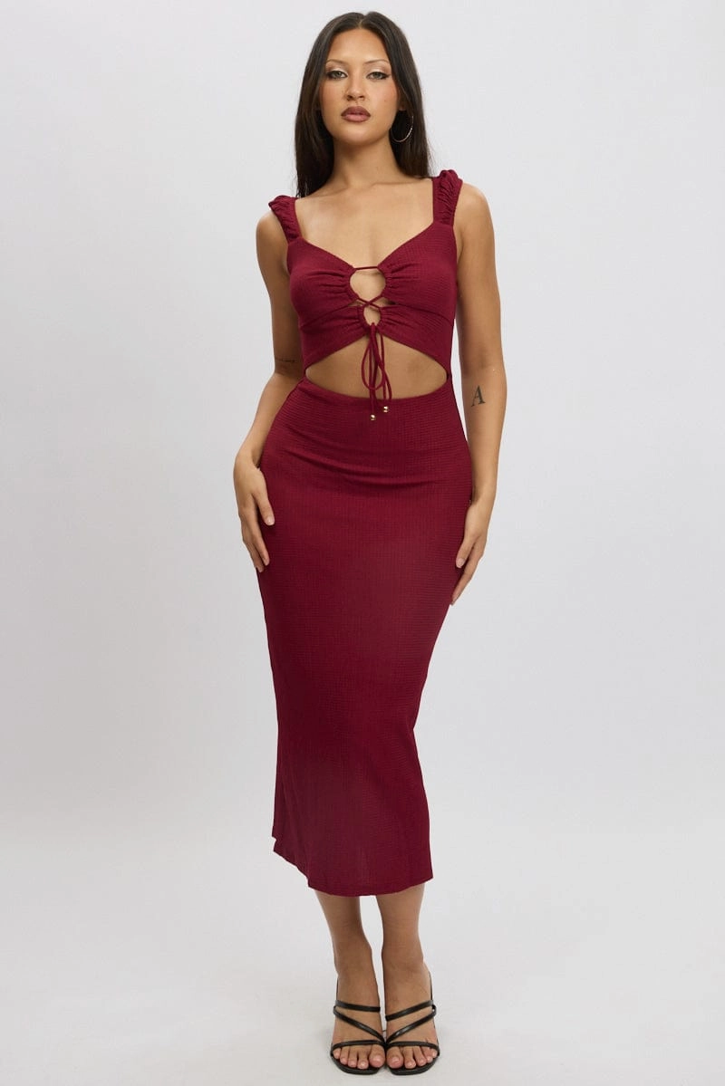 Red Bodycon Dress Textured Midi