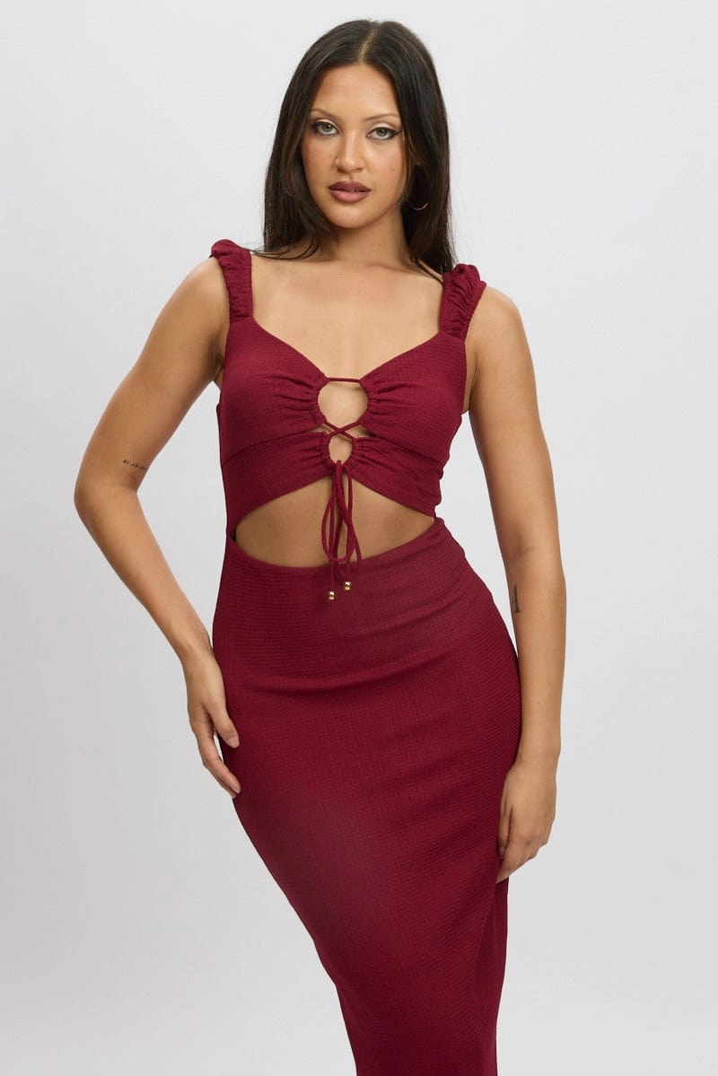 Red Bodycon Dress Textured Midi