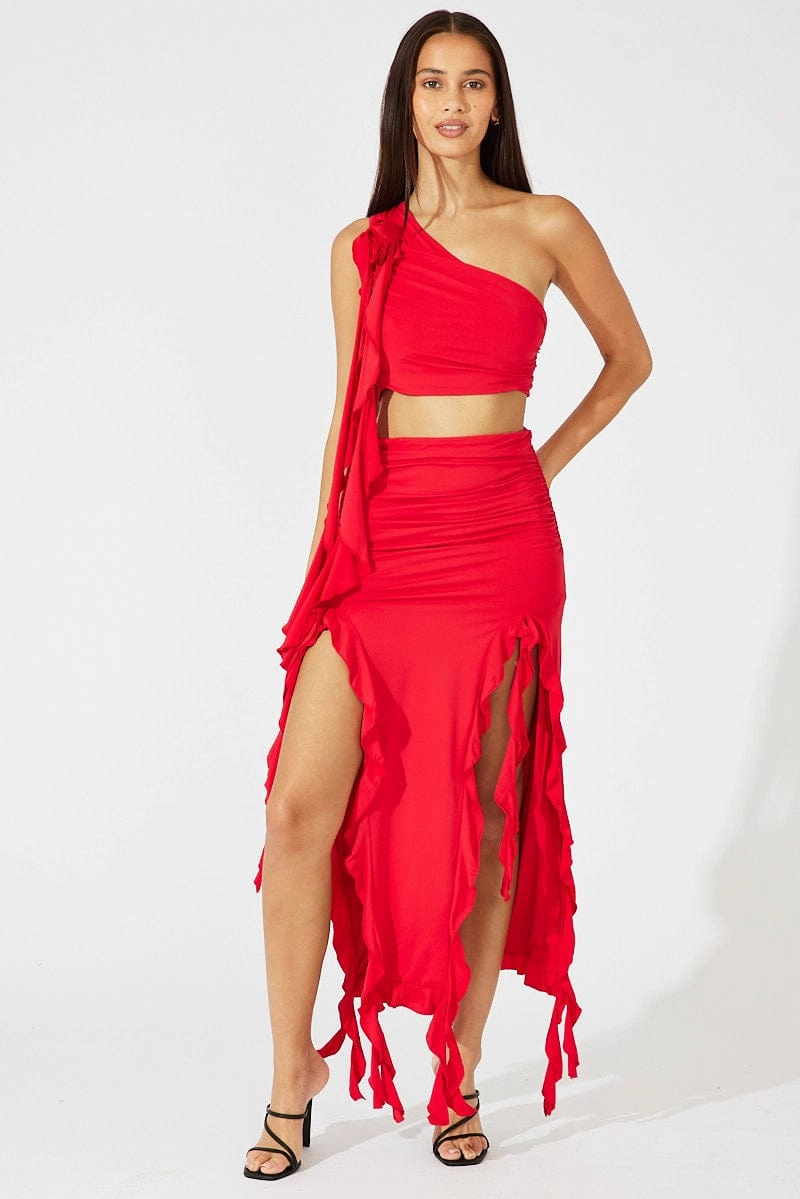 Red Crop Top One Shoulder Rose Ruffle Flower