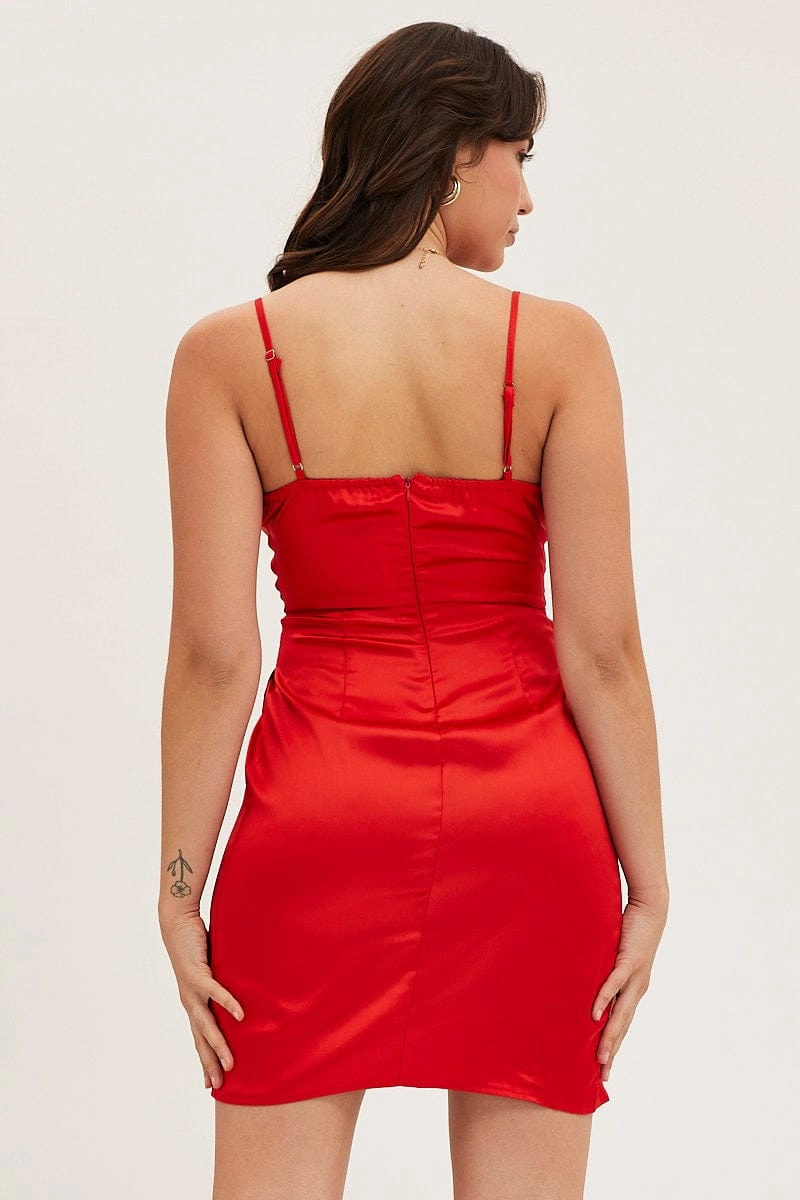 Red Mini Dress Strap Wrap Sweet Heart Neck Polyester