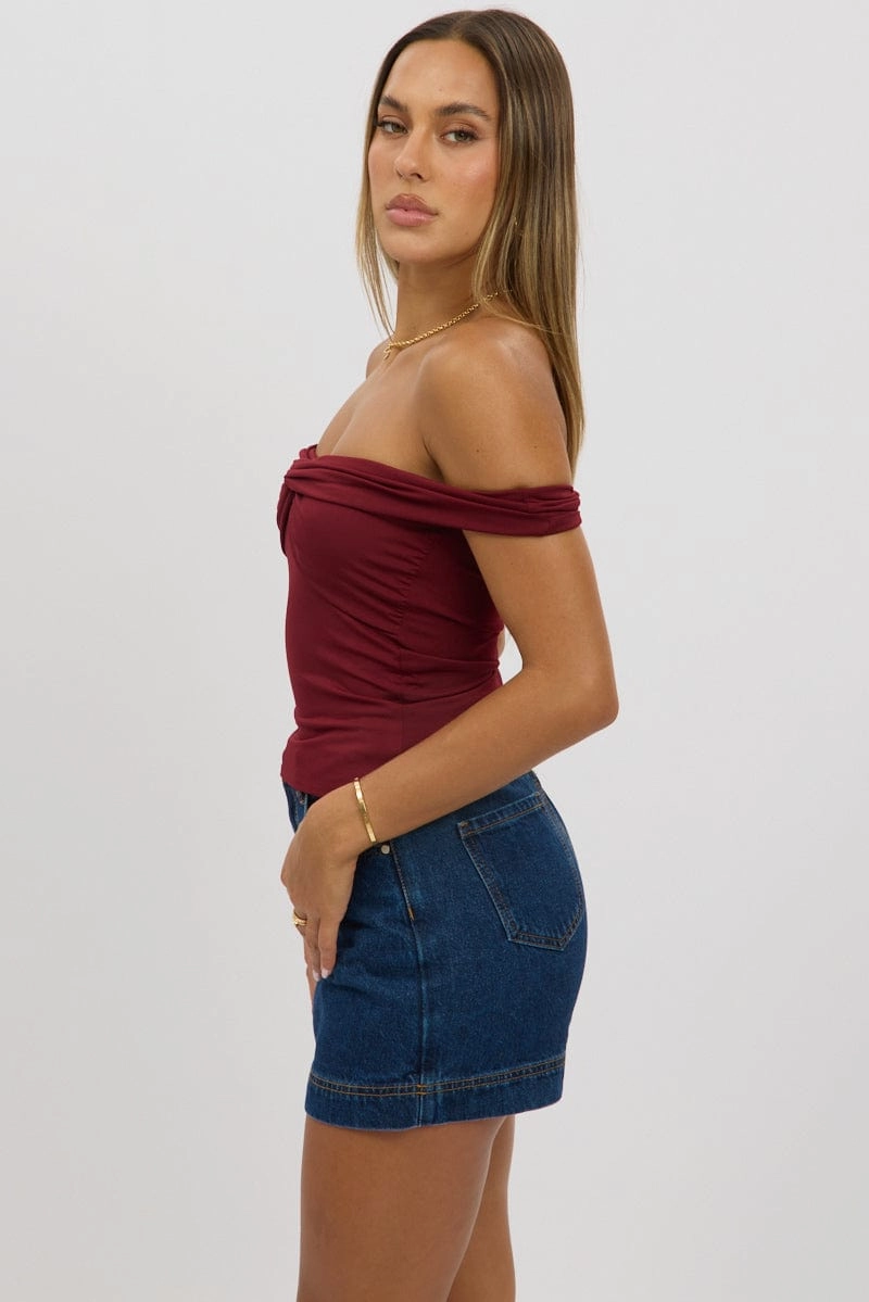 Red Off Shoulder Top Twisted Bust