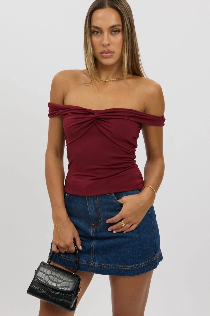 Red Off Shoulder Top Twisted Bust