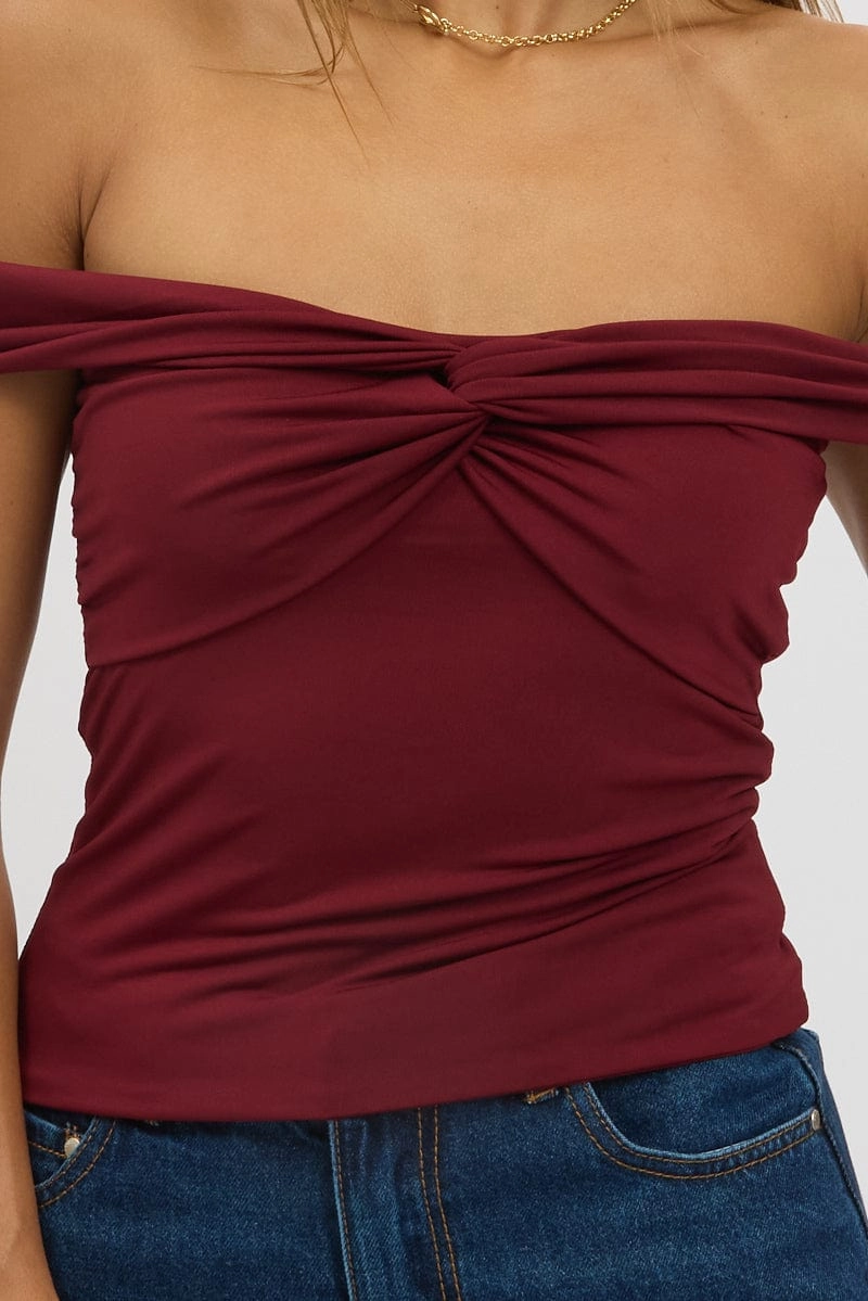 Red Off Shoulder Top Twisted Bust