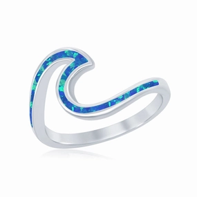 Sterling Silver Blue Inlay Opal Wave Design Ring - W-1886