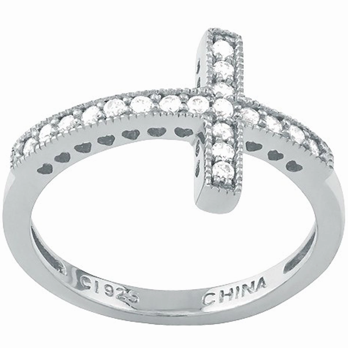 Sterling Silver CZ Sideways Cross Ring - W-9647