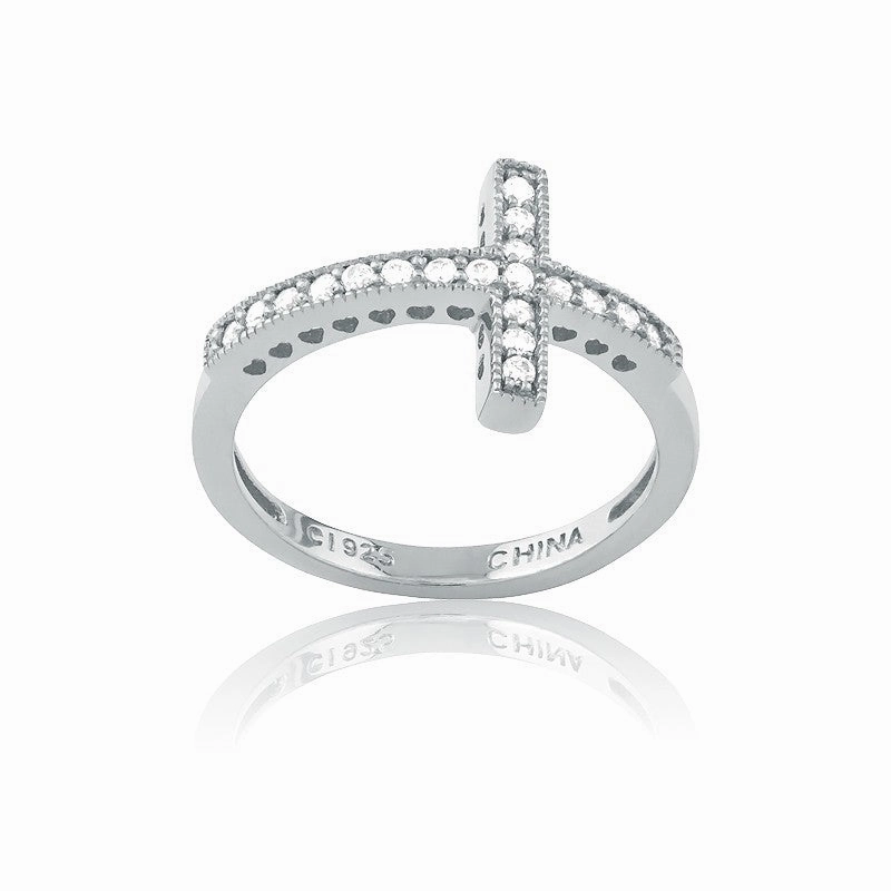 Sterling Silver CZ Sideways Cross Ring - W-9647