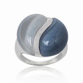 Sterling Silver Dark and Light Blue Cat's Eye Ring, Size 7