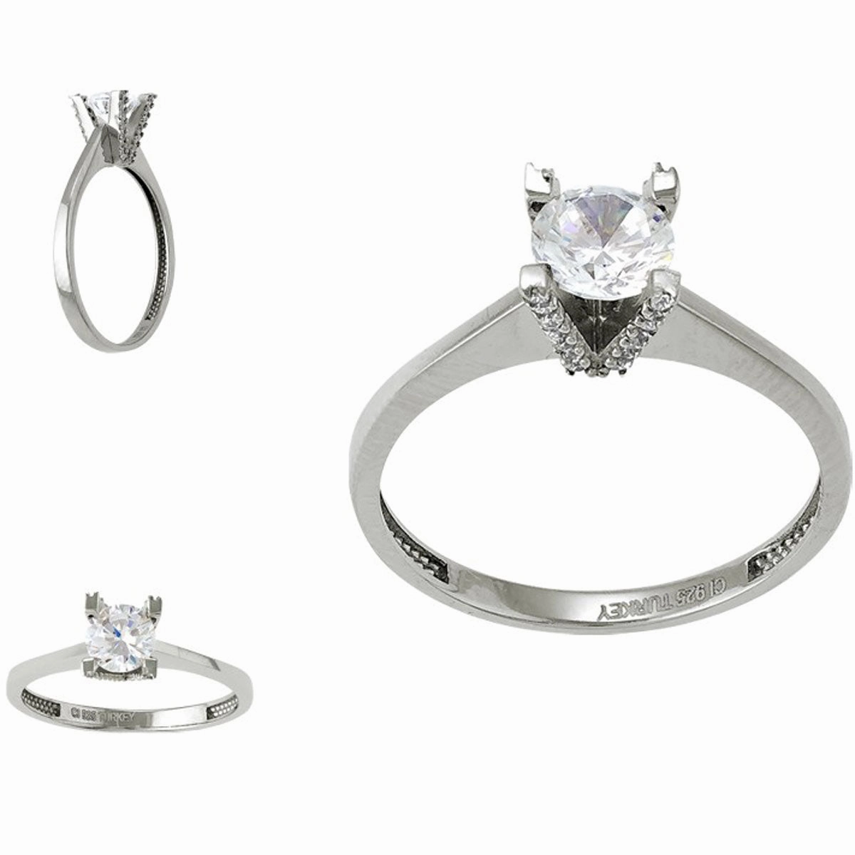 Sterling Silver Small CZ 'V' Setting with Large CZ Ring - W-9565