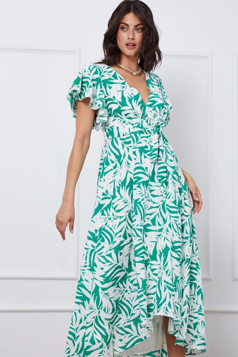 Trop Print Wrap Dress Short Sleeve Maxi
