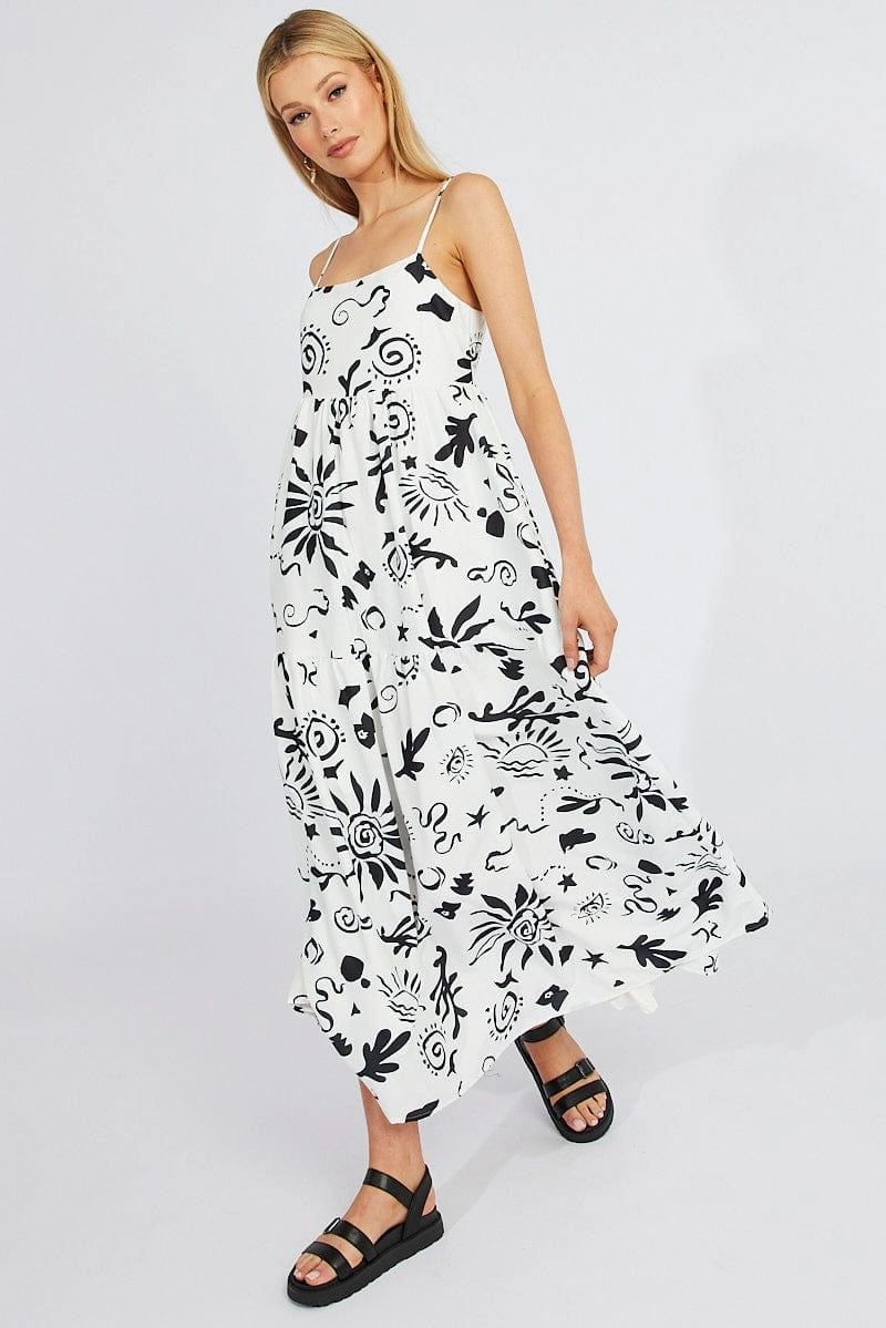 White Abstract Maxi Dress Strappy Tiered