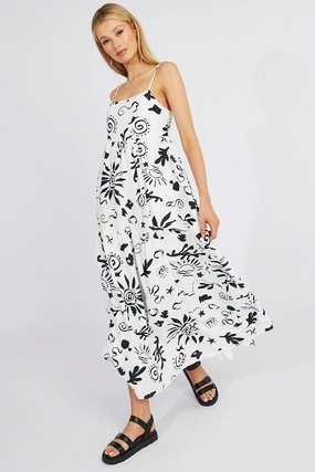 White Abstract Maxi Dress Strappy Tiered