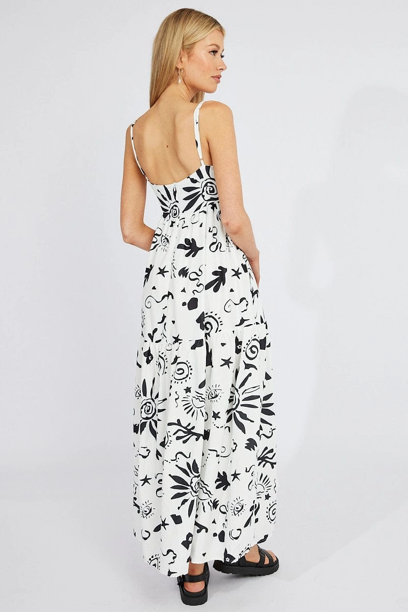 White Abstract Maxi Dress Strappy Tiered