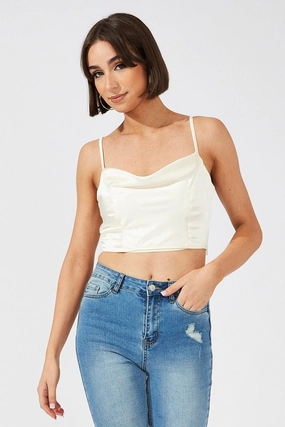 White Cami Top Sleeveless Cowl Neck Crop Satin