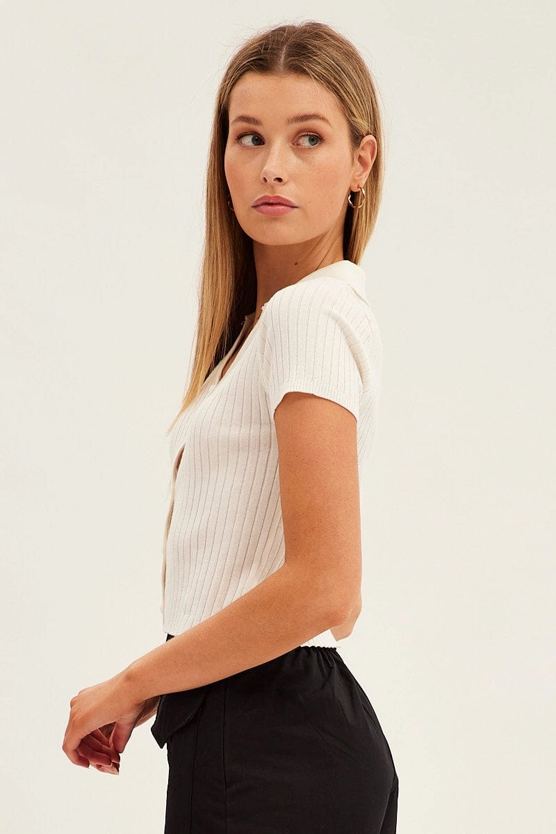 White Collar Knit Crop Cardigan Short Sleeve