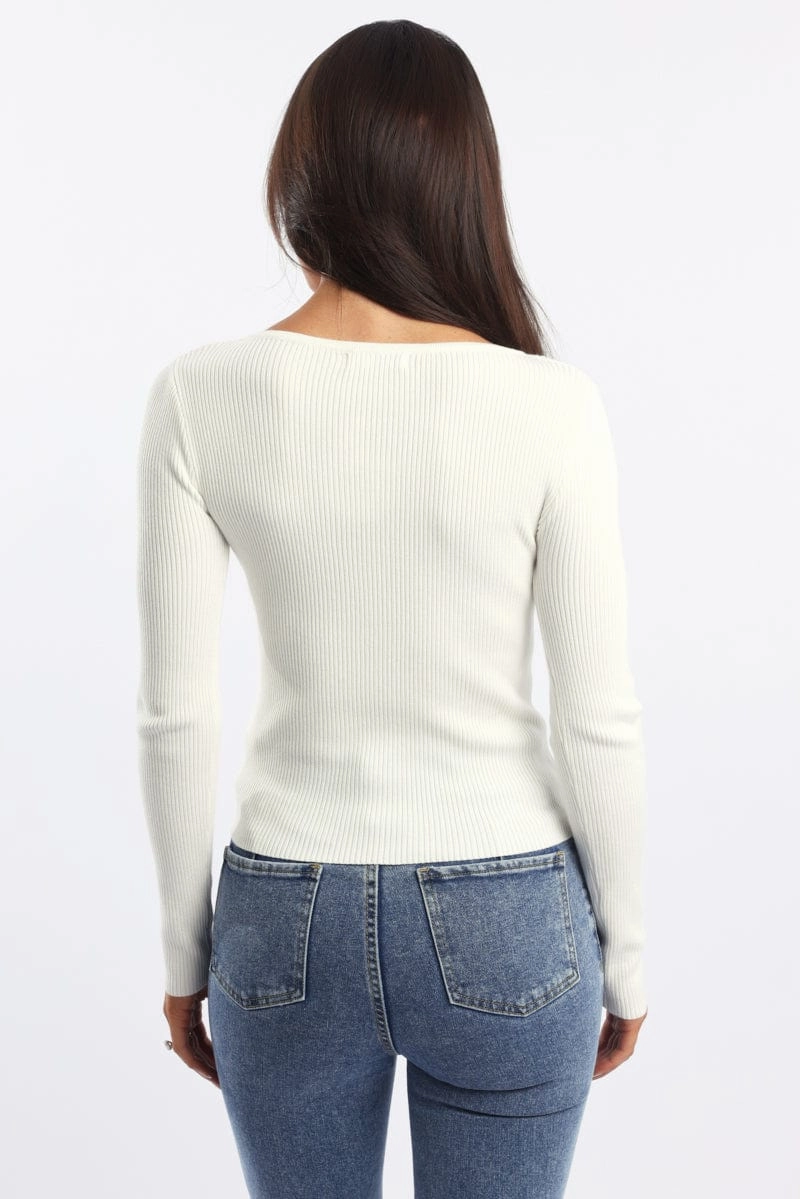 White Knit Cardigan Long Sleeve Crew Neck Button Up