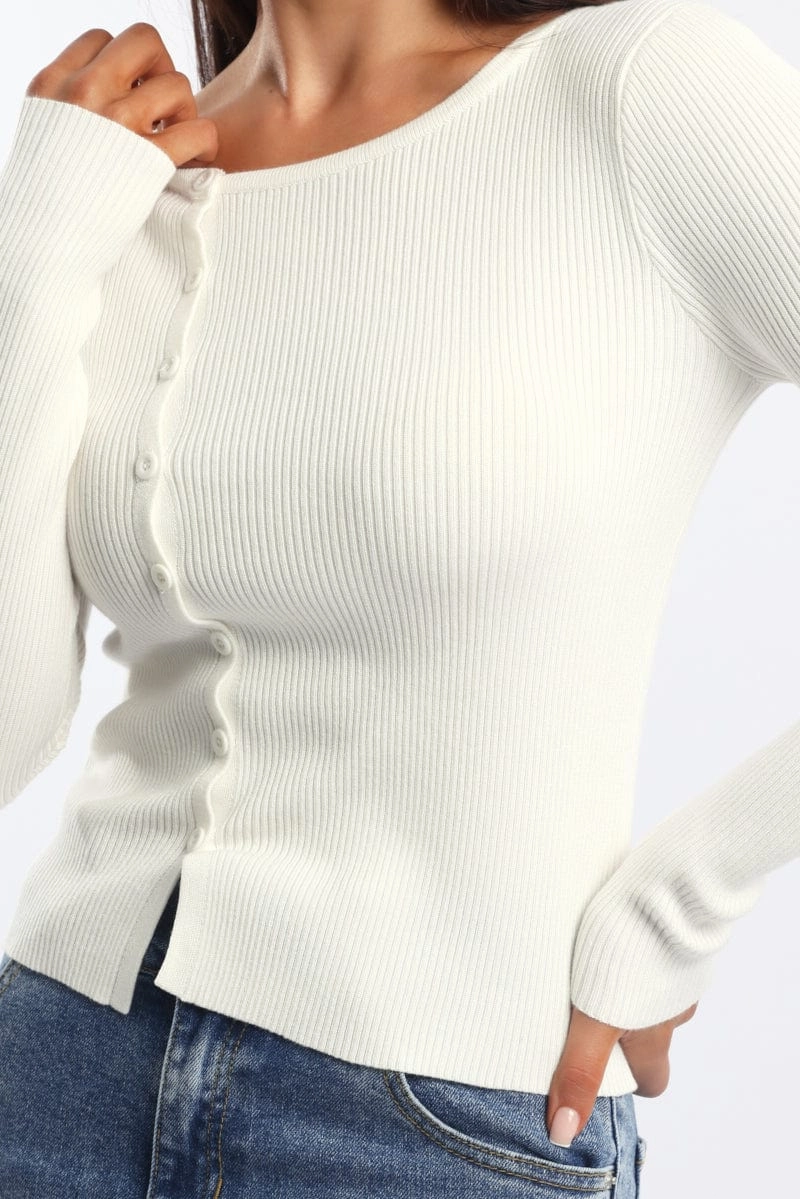 White Knit Cardigan Long Sleeve Crew Neck Button Up