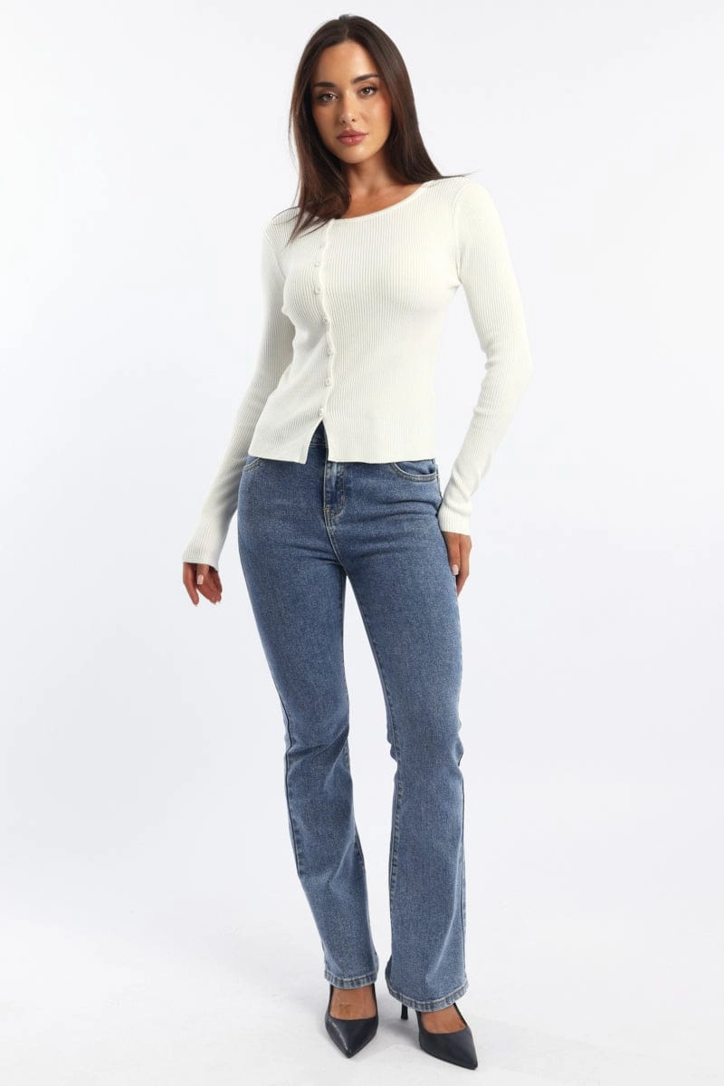 White Knit Cardigan Long Sleeve Crew Neck Button Up