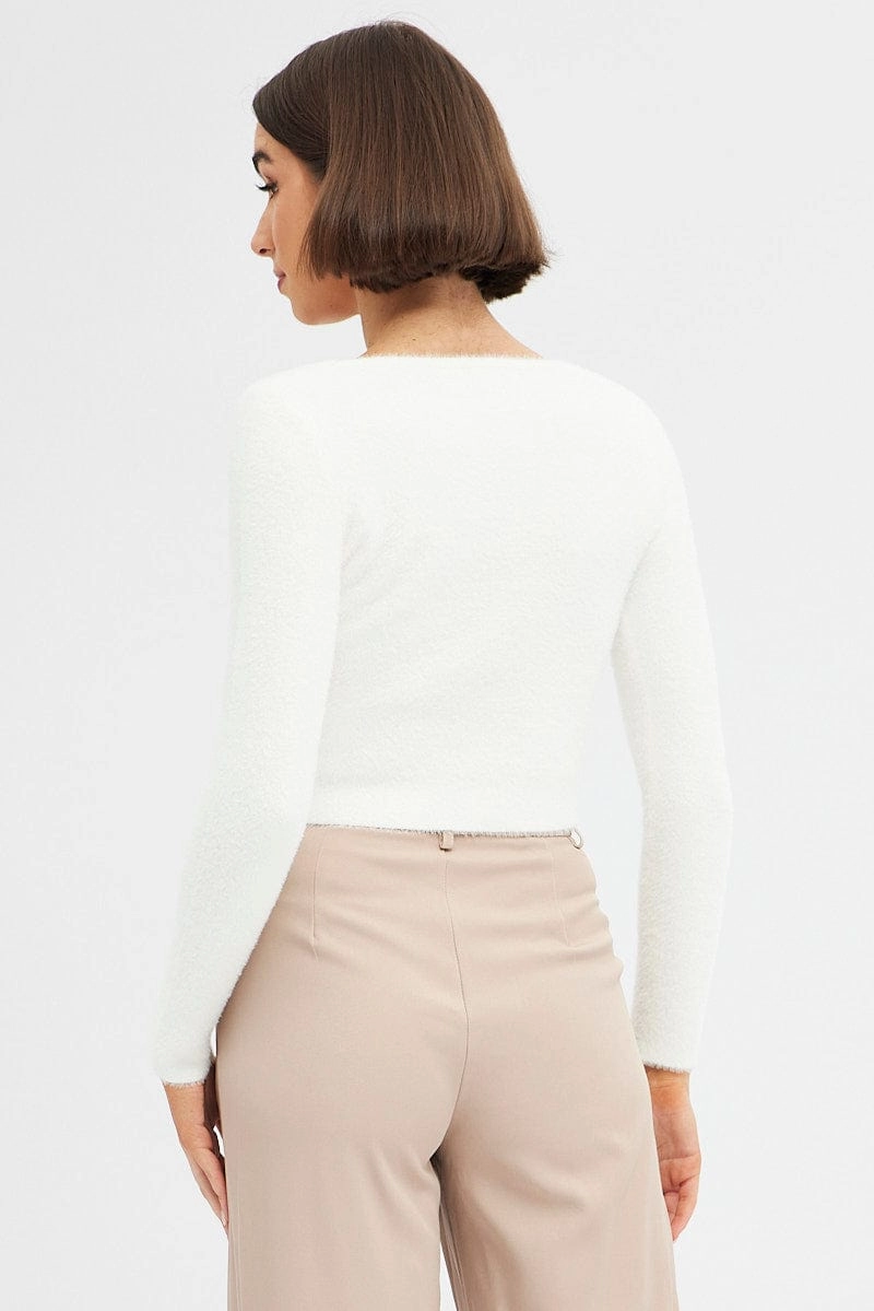 White Knit Top Long Sleeve Square Neck