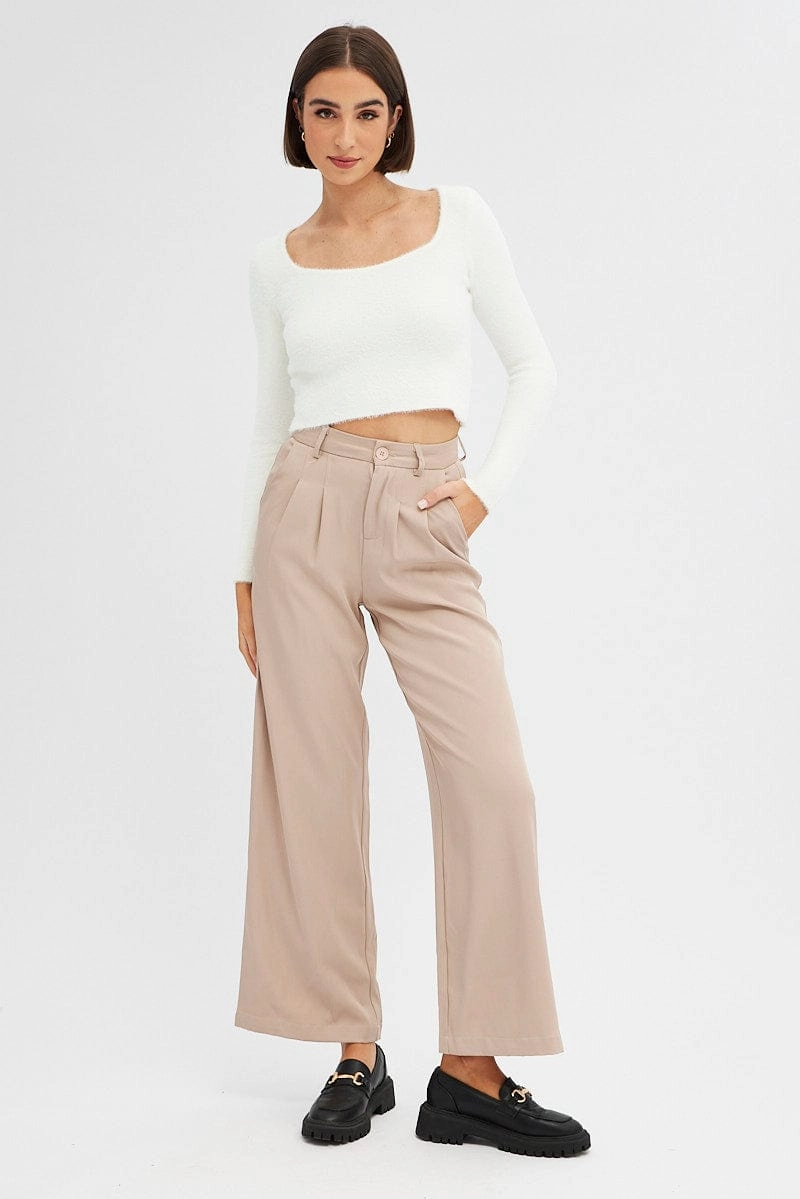 White Knit Top Long Sleeve Square Neck