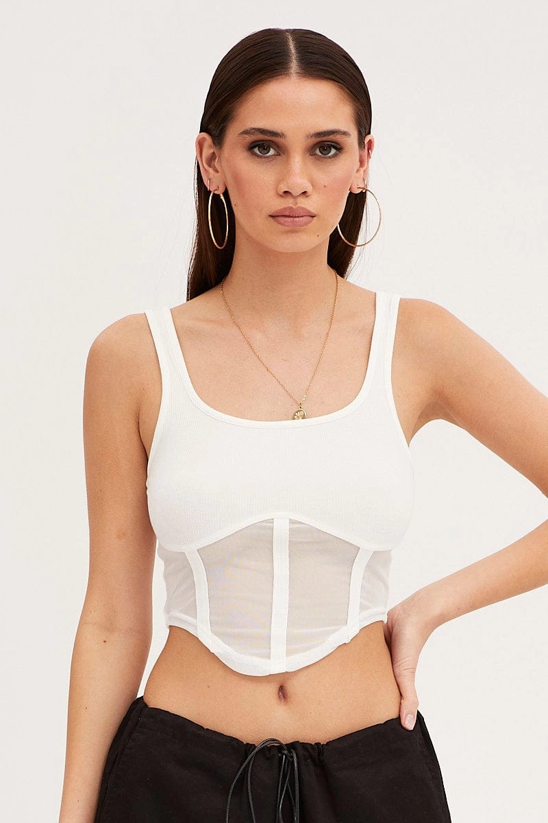 White Mesh Patchwork Tank Top Corset Top