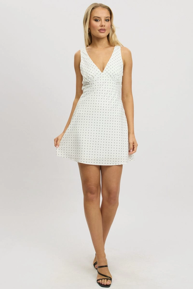 White Polka Dot A Line Mini Dress Sleeveless