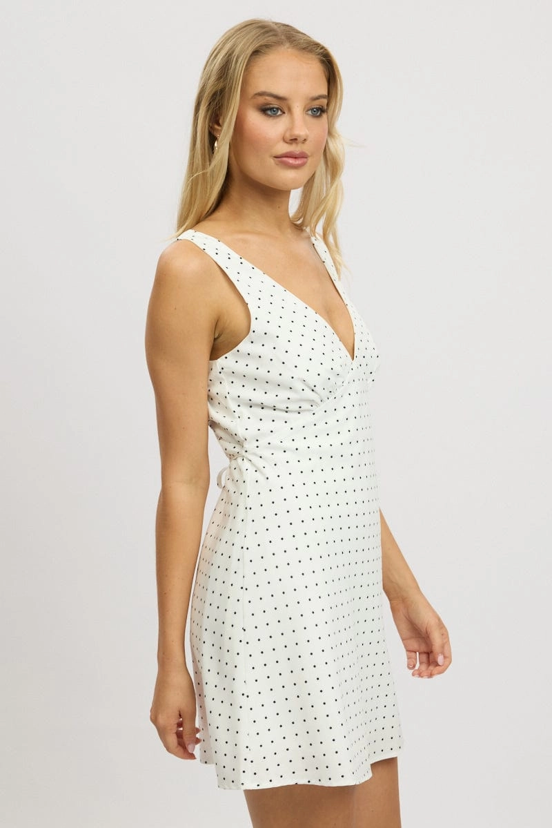 White Polka Dot A Line Mini Dress Sleeveless