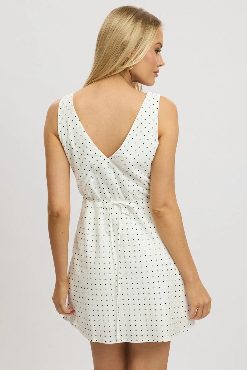 White Polka Dot A Line Mini Dress Sleeveless