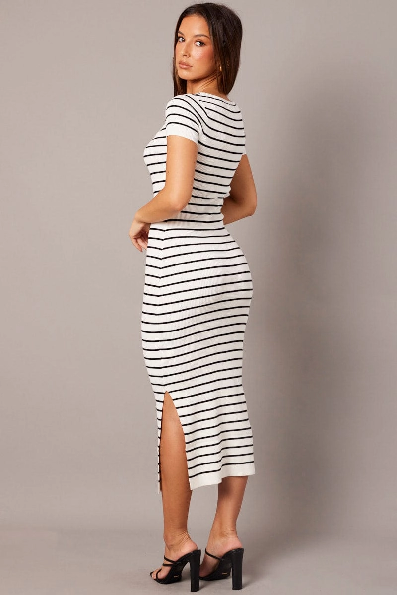 White Stripe Knit Dress Short Sleeve Bodycon Midi